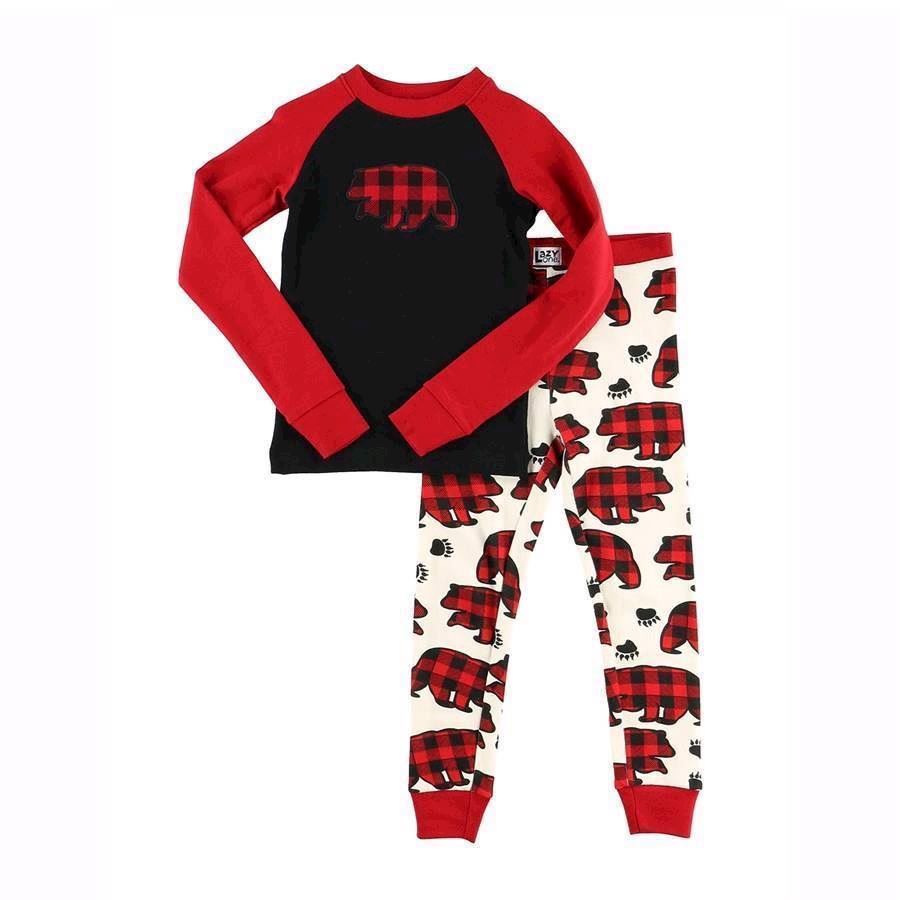 LazyOne Boys Allover Bear Check Kids PJ Set Long Sleeve